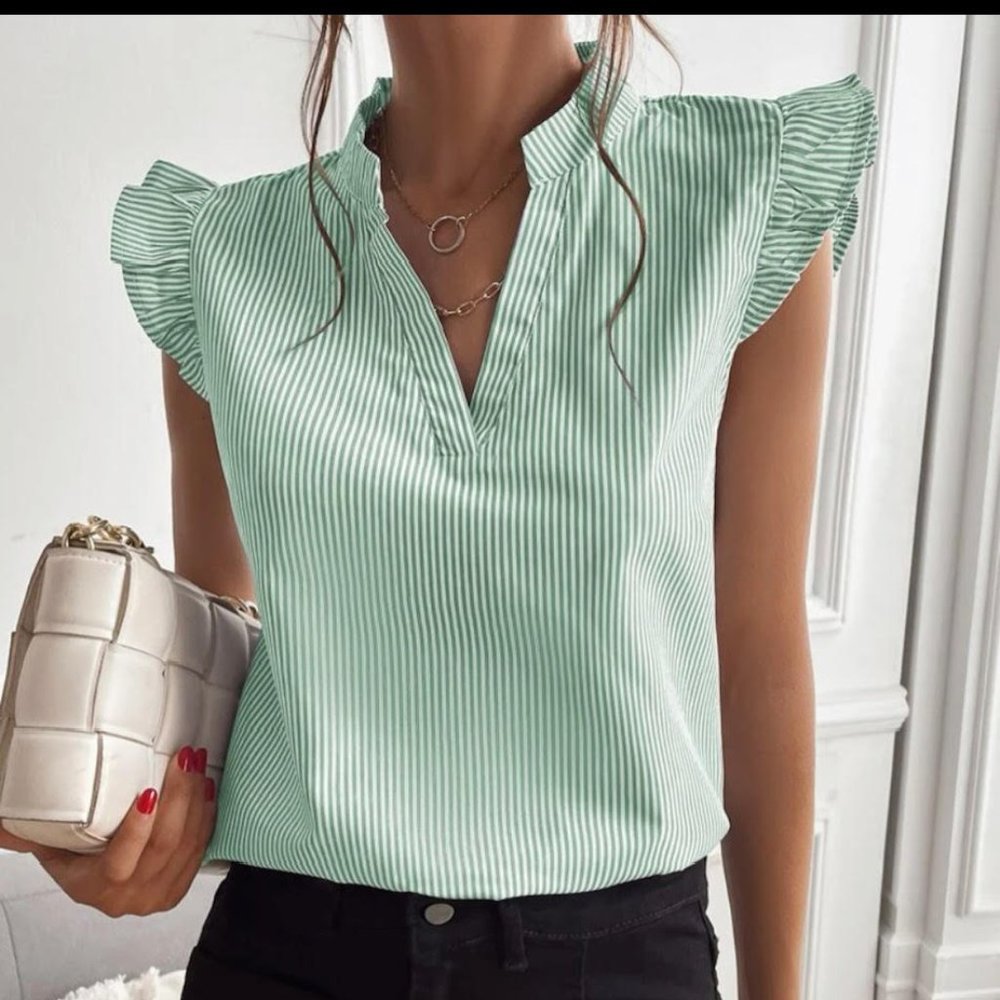 SHEIN Privé Striped Ruffle Cap Sleeve Blouse XL